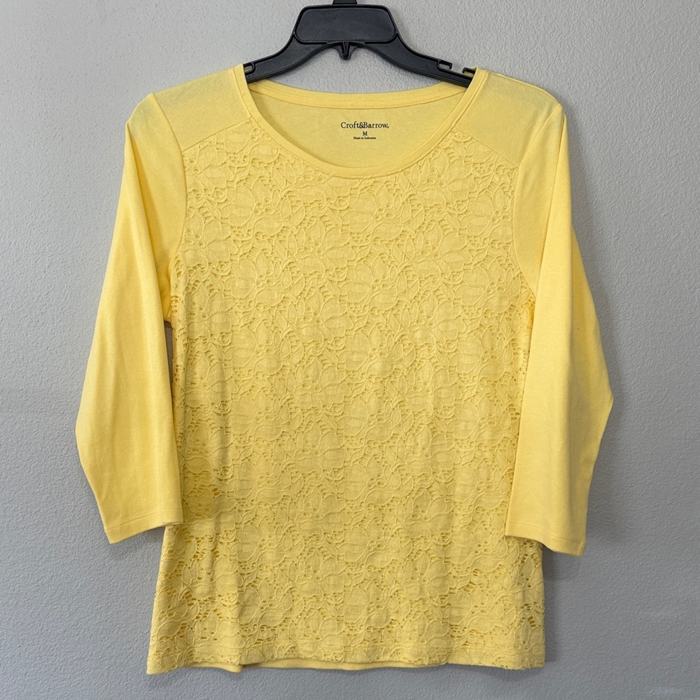 Croft & Barrow Women's Yellow Lace Long Sleeve Top Medium Chic‎ Granny Core